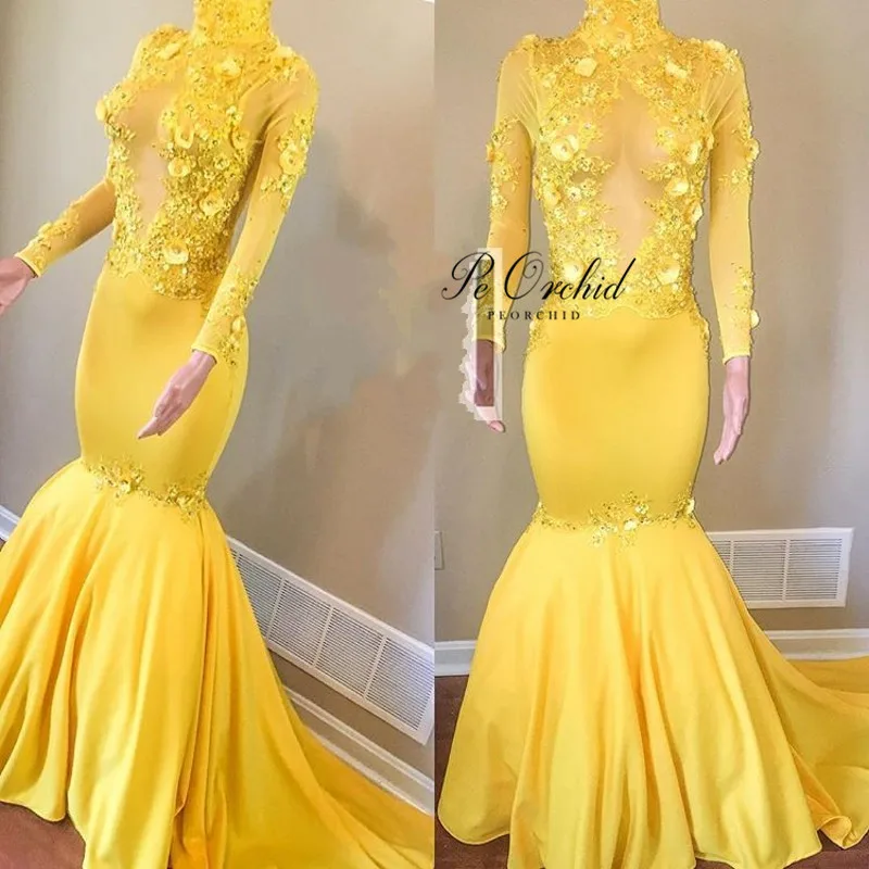 Женское вечернее платье с длинным рукавом PEORCHID желтое Русалочки для выпускного