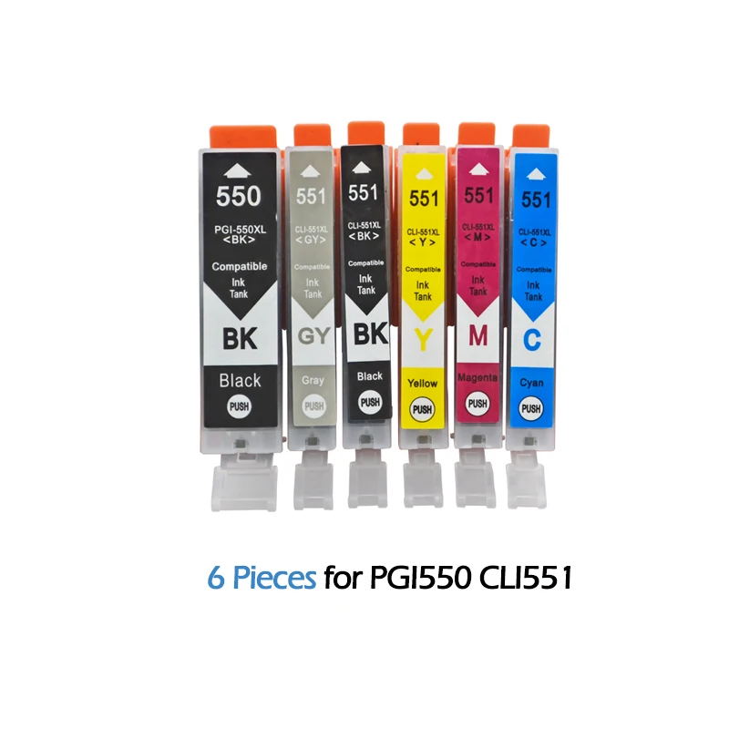 6pcs Ink Cartridges for Canon PGI550 CLI551 PGI 550 PIXMA IP7250 MG5450 MX925 MG5550 MG6450 MG5650 MG6650 IX6850 MX725 Printers
6pcs Ink Cartridges for Canon PGI550 CLI551 PGI 550 PIXMA IP7250 MG5450 MX925 MG5550 MG6450 MG5650 MG6650 IX6850 MX725 Printers