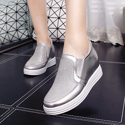Image 5cm High Heel 2016 Autumn PU Breathable Women s Casual Shoes Silver Platform Loafers Flat Shoes Women Creepers Casual Flats