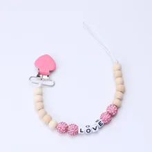 かわいいおしゃぶりラウンドウッドビーズ愛ハートベビーおしゃぶりクリップチェーン幼児の少年少女の乳首チェーンホルダー用クリップ歯が生え(China)