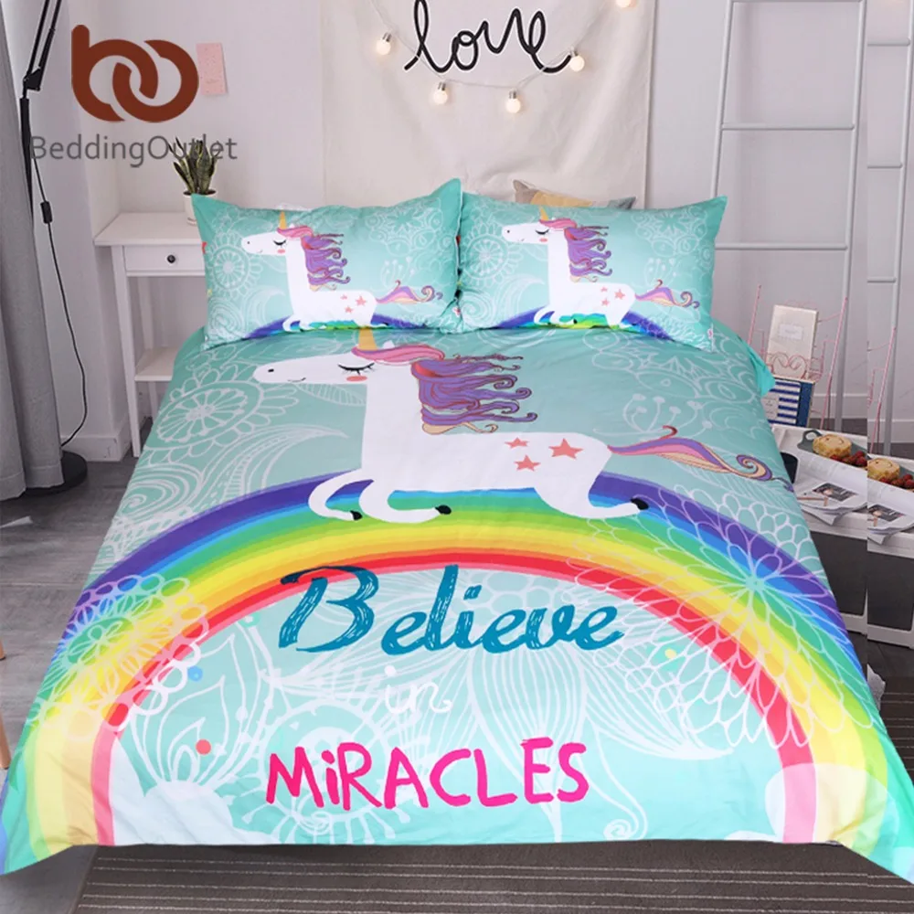 BeddingOutlet Unicorn Bedding Set Believe Miracles Cartoon Single Bed Duvet Cover Animal for Kids Girls 3pcs Rainbow Bedspreads|bed duvet