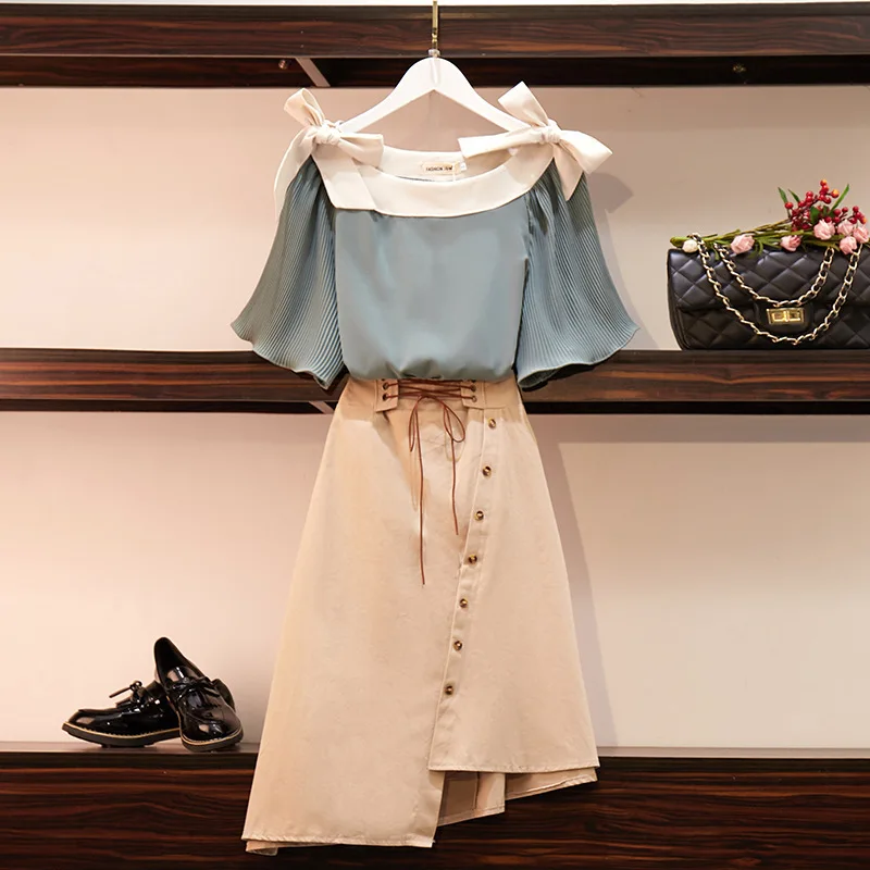 2019 New Summer Fashion Women's Sets Bow Slash Neck Loose Chiffon Tops + Irregular Solid Khaki Skirts Students Suits
2019 New Summer Fashion Women's Sets Bow Slash Neck Loose Chiffon Tops + Irregular Solid Khaki Skirts Students Suits