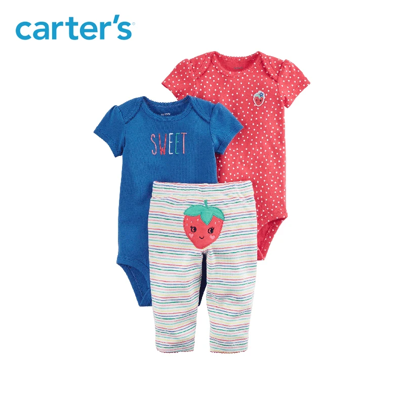 

3pcs sweet strawberry bodysuits pants clothing Sets Carter's baby Girl Spring & Summer polka dots stripes Cotton 126H327