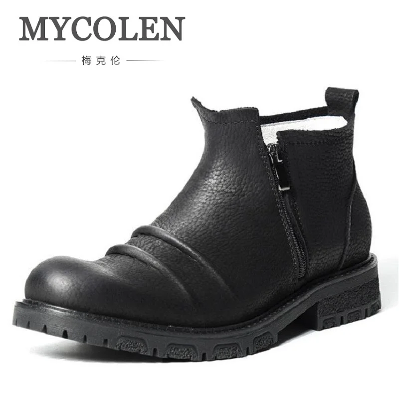 

MYCOLEN Men Boots Round Toe Warm Winter Black Mens Winter Ankle Boots Soft Leather Zip Fashion Winter Shoes Bottes Homme