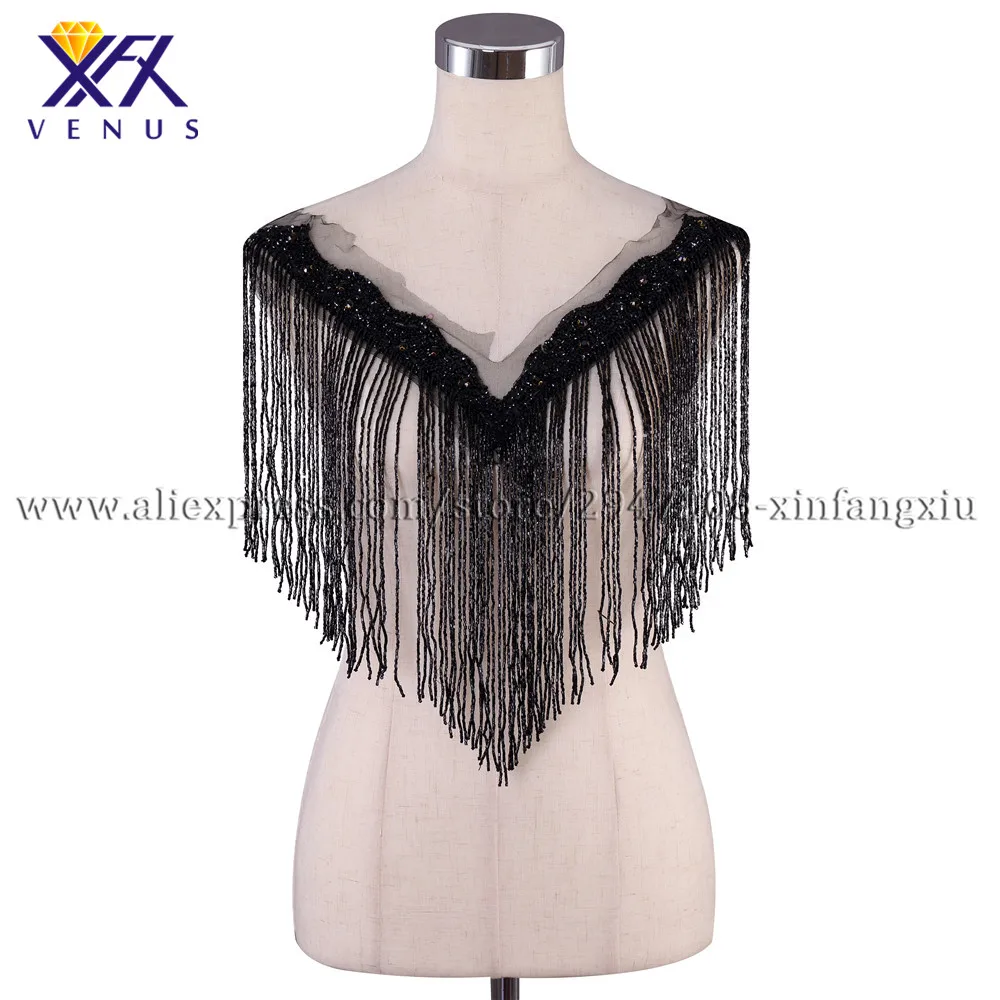 

XFX VENUS Hot sale black wedding embroidered crystal beaded tassels style V neck collar with fashion black Beading applique 5pcs