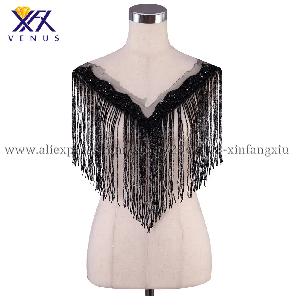 

XFX VENUS Hot sale wedding embroidered crystal beaded tassels style V neck collar with fashion patches Beading applique 1pc