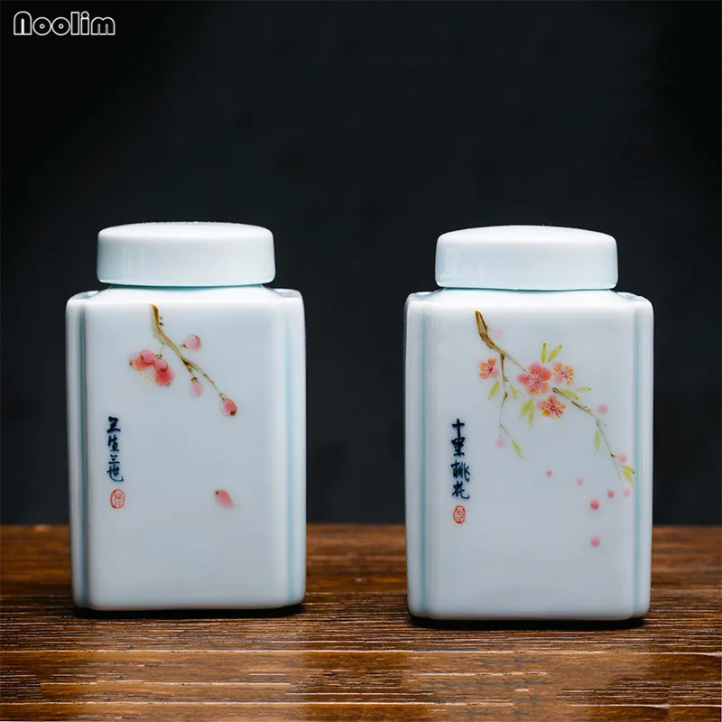 NOOLIM Ceramic Hand Painted Peach Lotus Tea Caddy Small Sealed Can Portable Travel Storage Tank Kitchen Spice Jar Food Container | Дом и сад