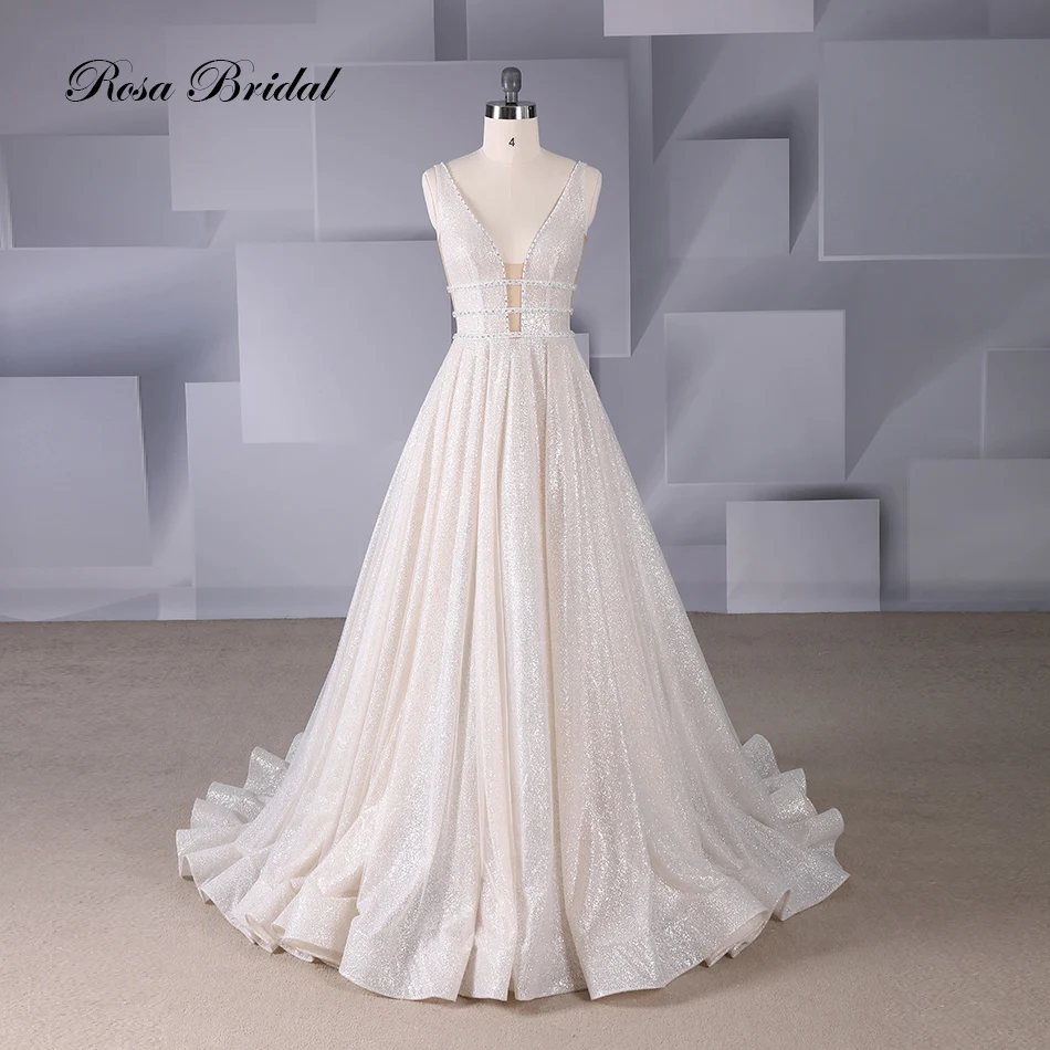 

Rosabridal A line Wedding Dress beading Deep V neck sleeveless nude tulle Sample Beading Open Back Bridal Gown 2019 new design