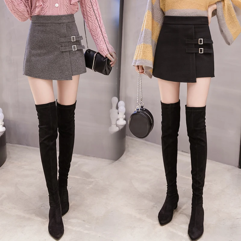 Женская шерстяная мини юбка Harajuku черная короткая с высокой талией в Корейском