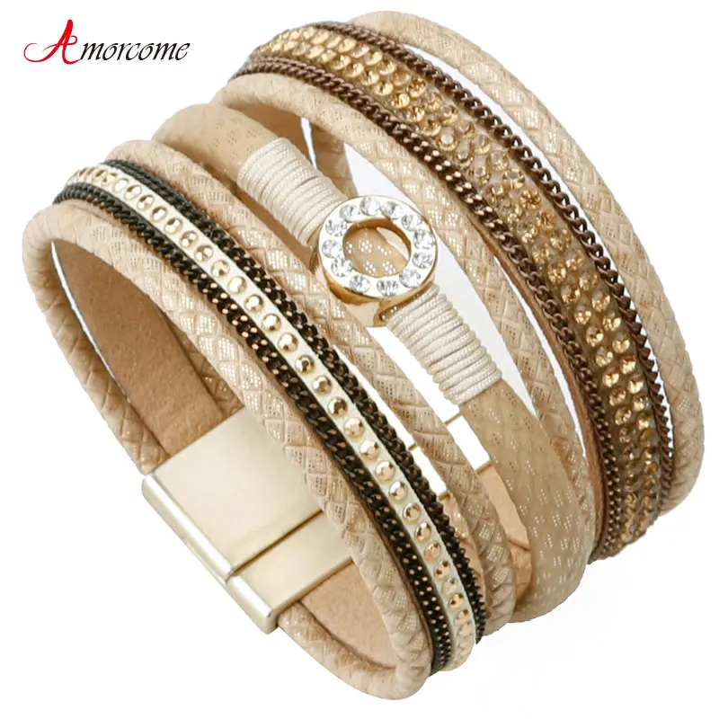 Amorcome Leather Bracelets For Women Crystal Round Metal Charm Bracelet Femme Wide Multilayer Bracelets & Bangles Female Jewelry
Amorcome Leather Bracelets For Women Crystal Round Metal Charm Bracelet Femme Wide Multilayer Bracelets & Bangles Female Jewelry
