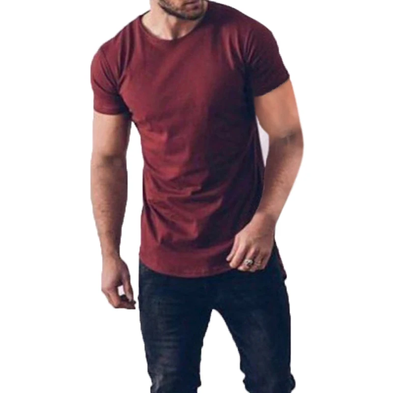 

Men Summer Crew Neck Short Sleeve T Shirt Asymmetric Hem Solid Slim Casual T-shirt Tee Tops Men Clothes 2019 Black Grey Burgundy