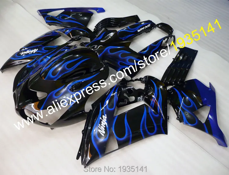 Для Kawasaki Ninja черный комплект ZX14R синее пламя 2006 2011 ZZR 1400 06 07 08 09 10 11 обтекатель ZX 14R