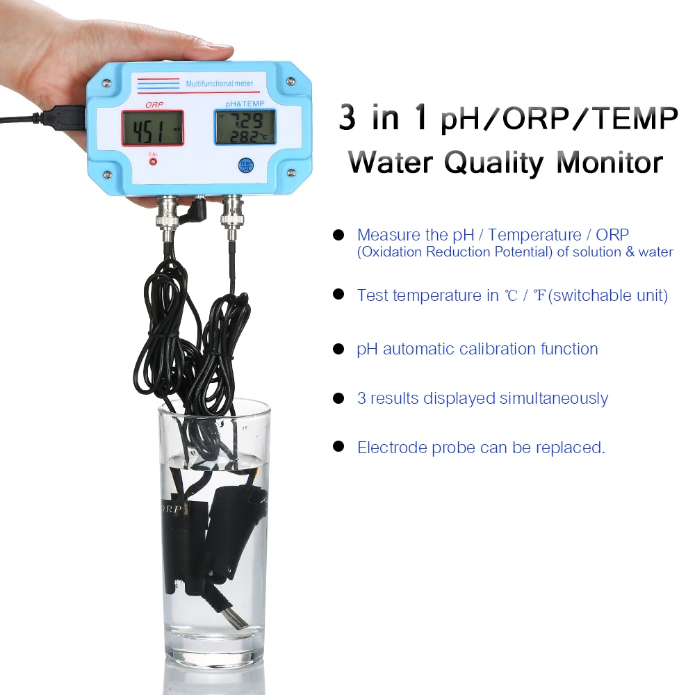 3 in 1 Water pH/ORP/TEMP Meter Water Quality Tester Multi-parameter Digital Water Detector LCD Meter Water Quality Monitor
3 in 1 Water pH/ORP/TEMP Meter Water Quality Tester Multi-parameter Digital Water Detector LCD Meter Water Quality Monitor
