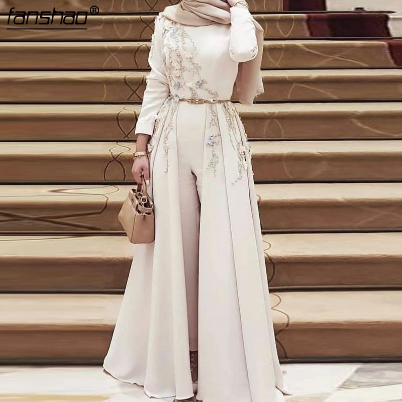 2019 Muslim Evening Dress Long Sleeves Satin Pantsuit Lace Beads Detachable Hijab Illusion Islamic Dubai Saudi Arabic Prom Dress
2019 Muslim Evening Dress Long Sleeves Satin Pantsuit Lace Beads Detachable Hijab Illusion Islamic Dubai Saudi Arabic Prom Dress