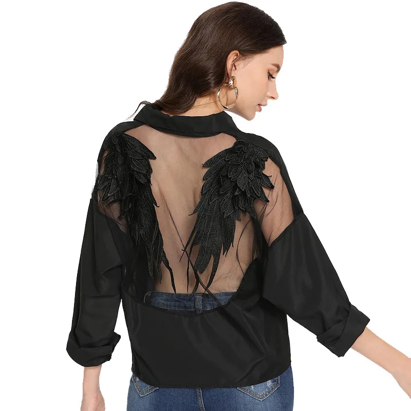 Patchwork Black Blouses For Women Back Wings Feathers Appliques Modern Lady's Casual Wears Back Transparent Strapless Shirts
Patchwork Black Blouses For Women Back Wings Feathers Appliques Modern Lady's Casual Wears Back Transparent Strapless Shirts