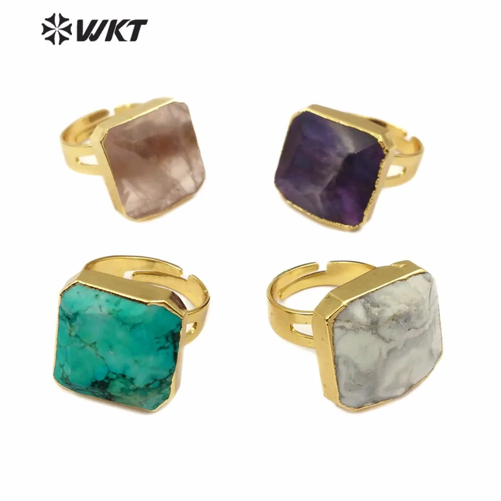 

WT-R216 Natural Multicolor Stone Ring Cut Faced Gem-stone Square Shape Turquoises Fluorite Fashion Ladies Adjustable Gold Ring