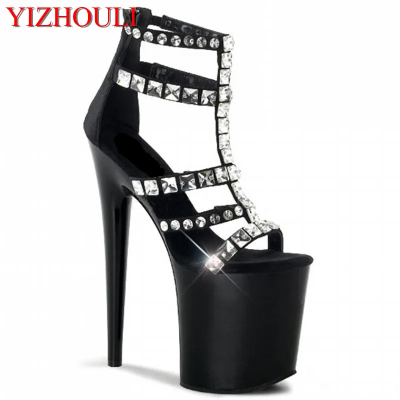 

New PU sequined shoes, 20cm high stiletto heels, sexy stage show model sandals, rivet upper decorative sandals
