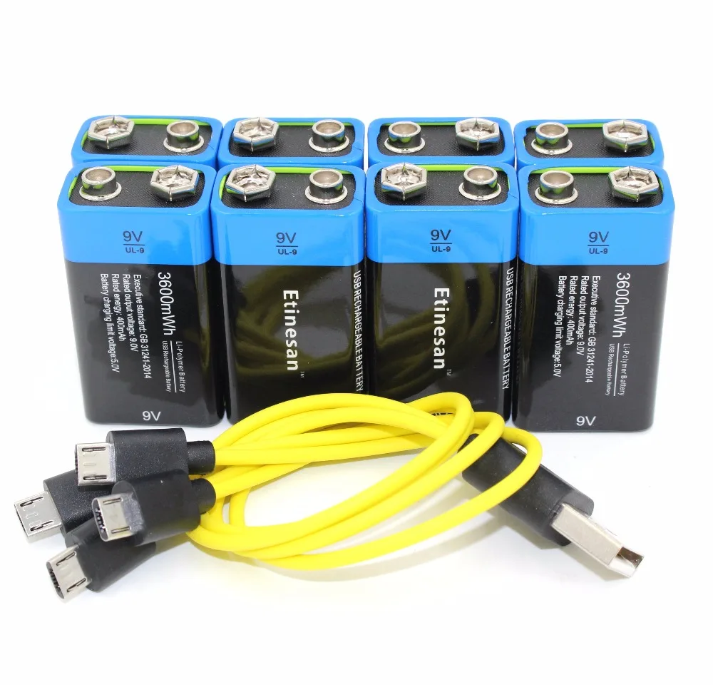 ETINESAN 8pcs 9V 3600MWH li-ion li-polymer lithium rechargeable battery for camera toy ,robot ect battery + USB charging cable
ETINESAN 8pcs 9V 3600MWH li-ion li-polymer lithium rechargeable battery for camera toy ,robot ect battery + USB charging cable