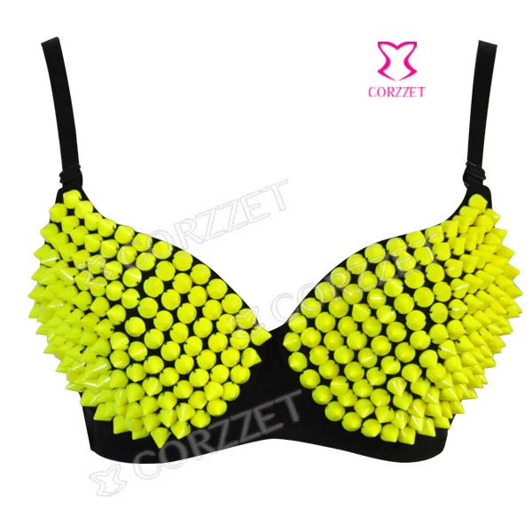 

Fancy Women Sexy Yellow Plastic Gathers Punk Spike Studs Rivet Bra Bralet Clubwear B CUP Nightclub Party Dance Wear ForGirl Lady