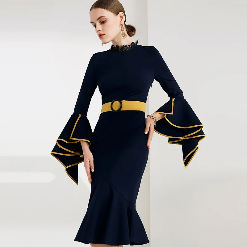 Multiflora Autumn Dark Blue/yellow ruffle Sleeves Belt Mermaid Dress color-block lace back party work
Multiflora Autumn Dark Blue/yellow ruffle Sleeves Belt Mermaid Dress color-block lace back party work