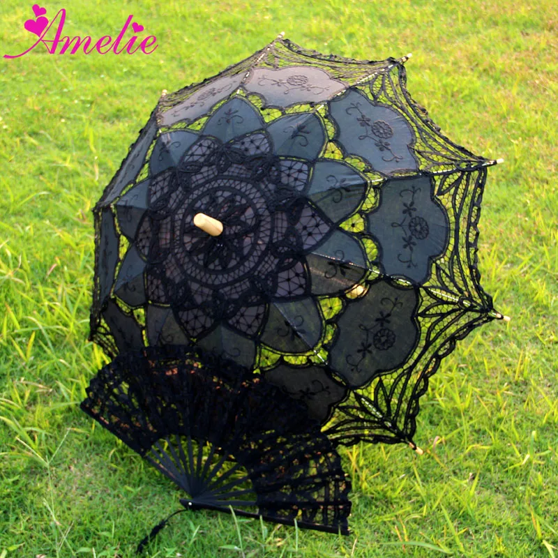 Кружевной зонт и вентилятор ручной работы из хлопка в стиле Лолита готика