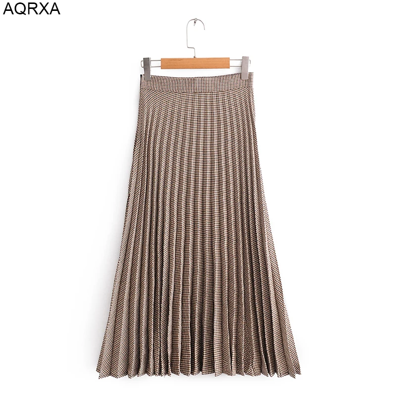 

women plaid skirt pleated long mid calf length Side zipper autumn spring office lady drop shipping SML coffee 18OctW3