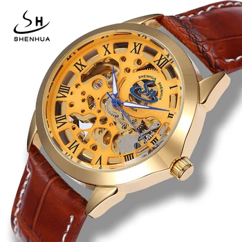 

Shenhua 2018 New Luxury Skeleton Gold Automatic Watch Men Fashion Leather Watchband Mechanical Self Winding Colck Wrist Watches
