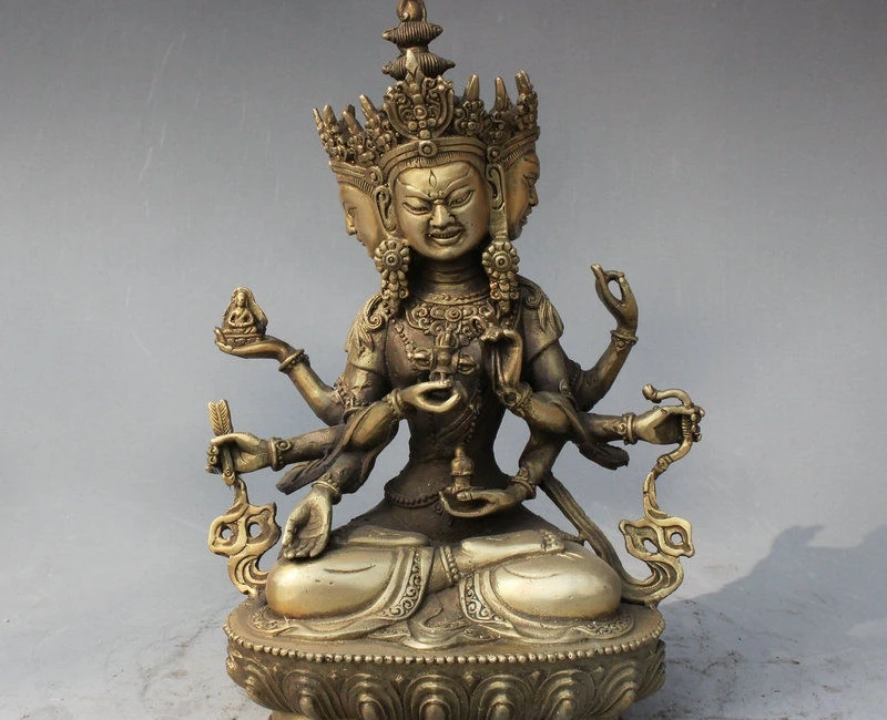 9" Old Tibet Buddhism Brass 3 Head 8 Arms Namgyalma Ushnishavijaya Buddha Statue
9" Old Tibet Buddhism Brass 3 Head 8 Arms Namgyalma Ushnishavijaya Buddha Statue