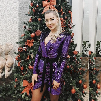 Elegant Women V Neck Sexy Sequin Dress 2018 Fashion Sashes Purple Solid Mini Clubwear Party Night Out Vestidos Autumn Festa 
Elegant Women V Neck Sexy Sequin Dress 2018 Fashion Sashes Purple Solid Mini Clubwear Party Night Out Vestidos Autumn Festa