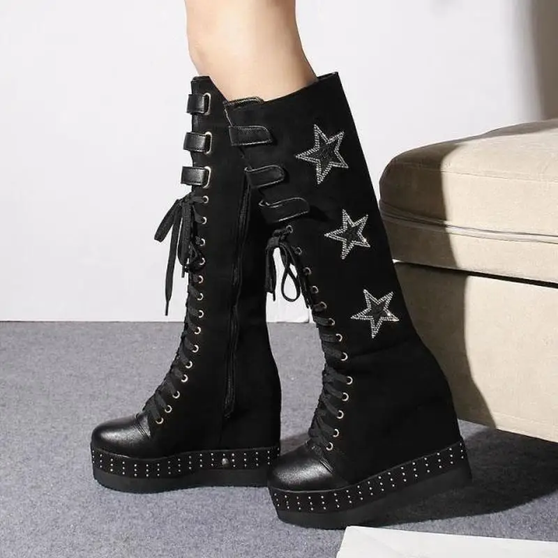 

Womens Punk Hidden Wedge Heels Knee High Thigh Boots Suede Lace Up Platform Shoes Black Zipper A297