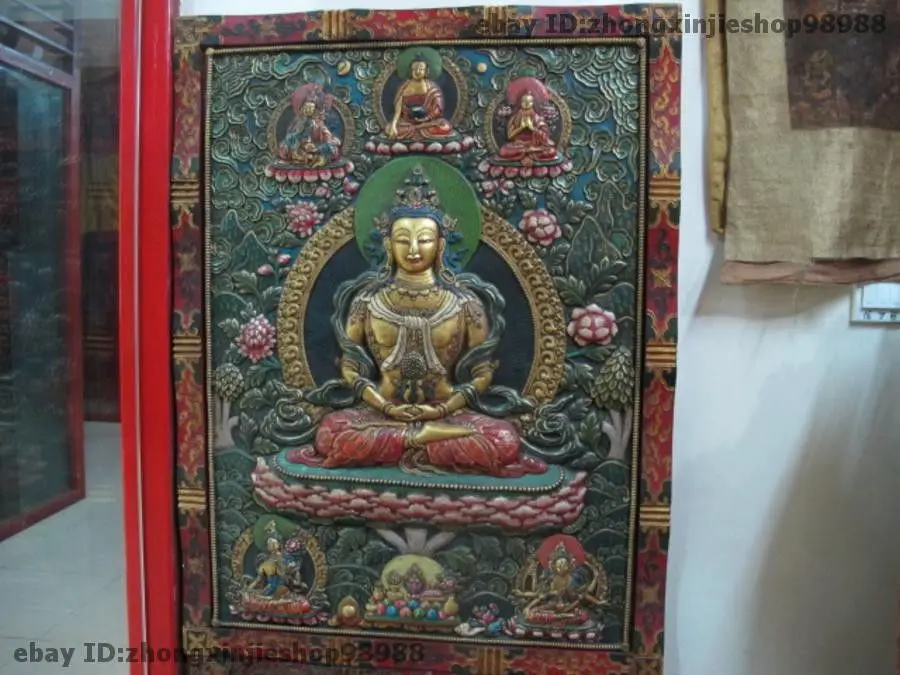 free shipping Tibet Buddhism Fane Wood Carved Painted Amitayus longevity Buddha TangKa Screen | Дом и сад