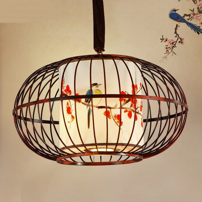 

Chinese style iron cage pendant lights corridor balcony creative hand-painted cloth bird pensant lamps ZA9157
