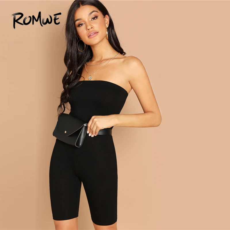 

ROMWE Form Fitting Glitter Strapless Romper 2019 Comfort Sleeveless Mid Waist Jumpsuits Swish Women Summer Skinny Jumpsuits