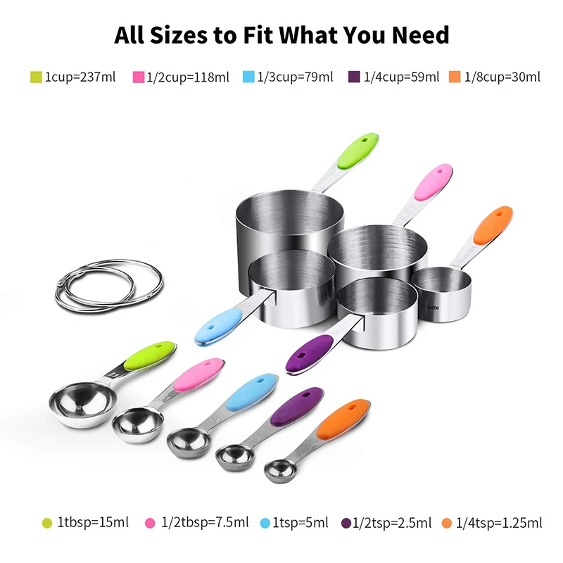 Set of 10 Measuring Cups and Spoons With Comfortable Silicone Handle Stainless Steel Kitchen Tool for Dry and Liquid Ingredients
Set of 10 Measuring Cups and Spoons With Comfortable Silicone Handle Stainless Steel Kitchen Tool for Dry and Liquid Ingredients