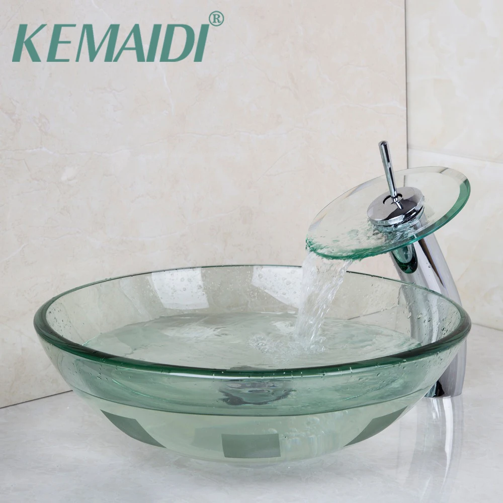 

KEMAIDI Modern Washbasin Lavatory Tempered Glass Sink Bath Basin Faucet Set Mixers & Taps Tap bathroom Vessel Sink Vanity
