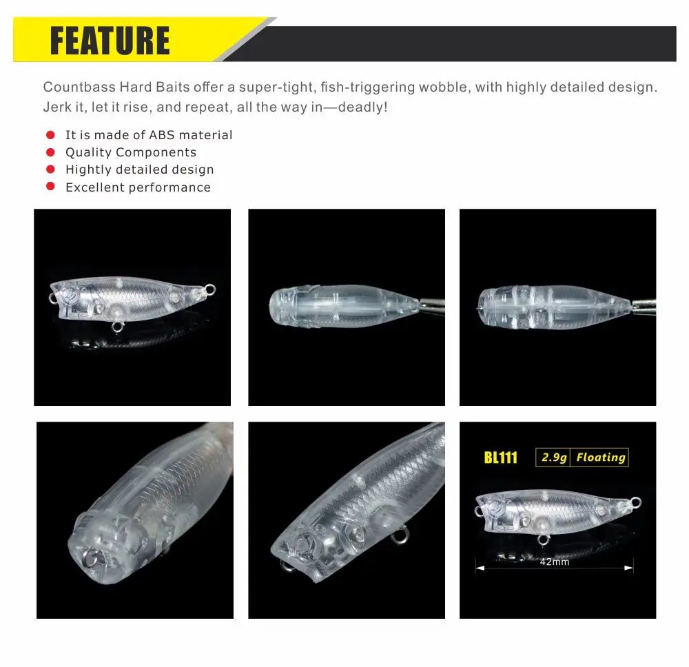 10Pcs Countbass Blank Hard Lure 40Mm 2.6G, Frog Topwater, Popper