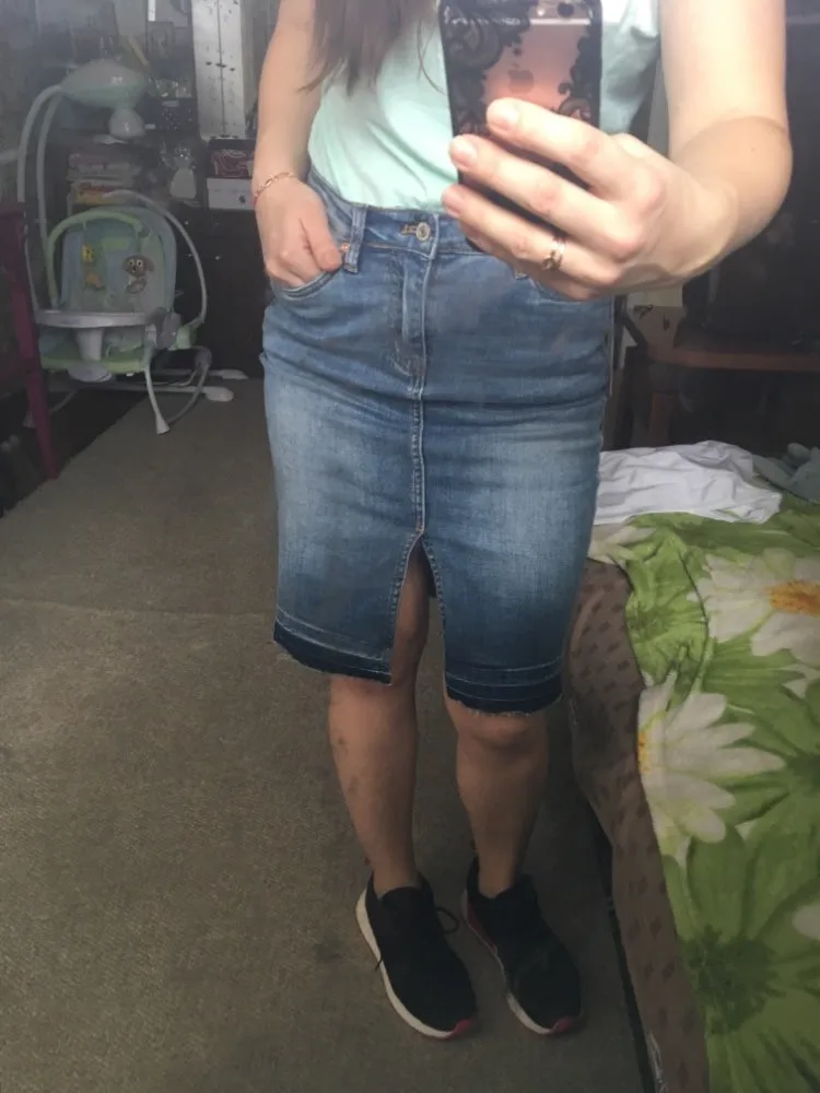 Tide section, raw hem, split skirt, washed white high waist denim skirt (3)