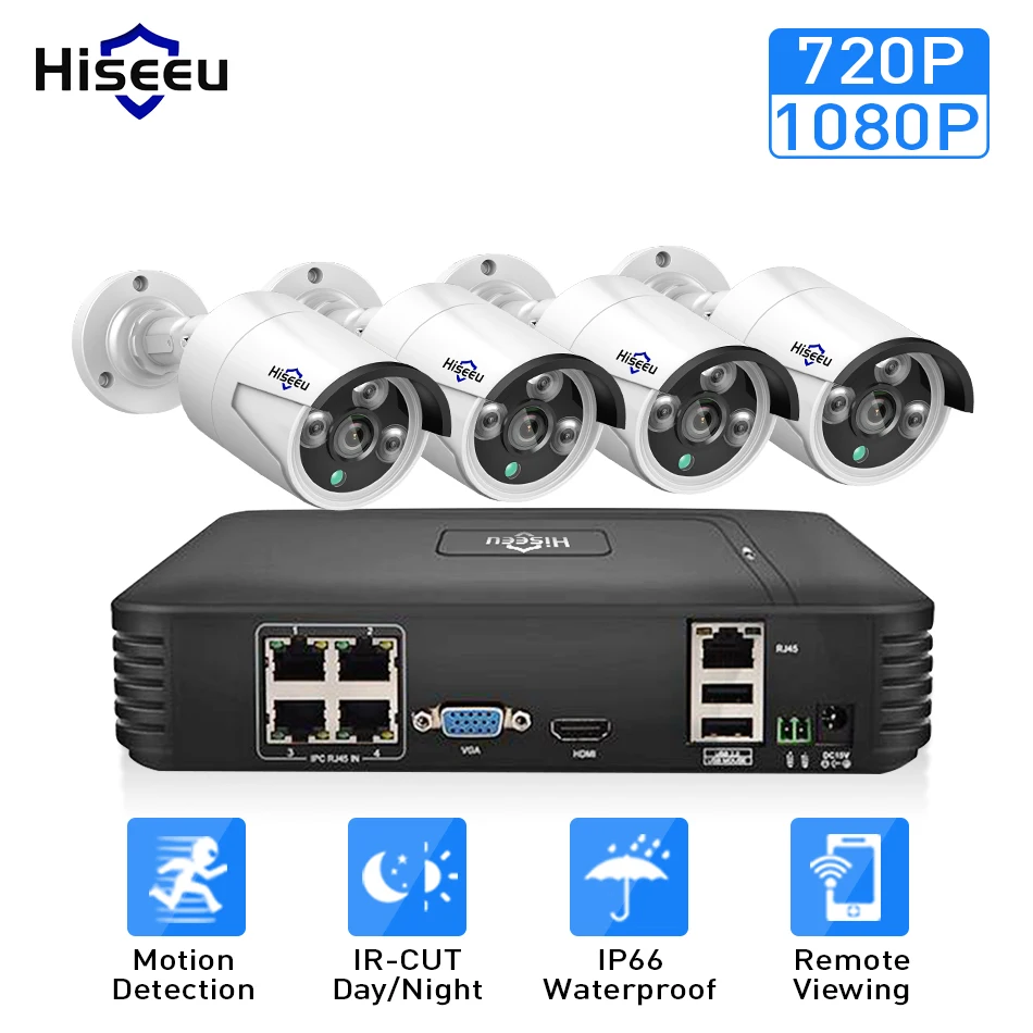 

Hiseeu 4CH 720P 1080P POE CCTV Camera system Waterproof IP66 IP Camera metal IR Outdoor P2P Security Surveillance POE NVR kit