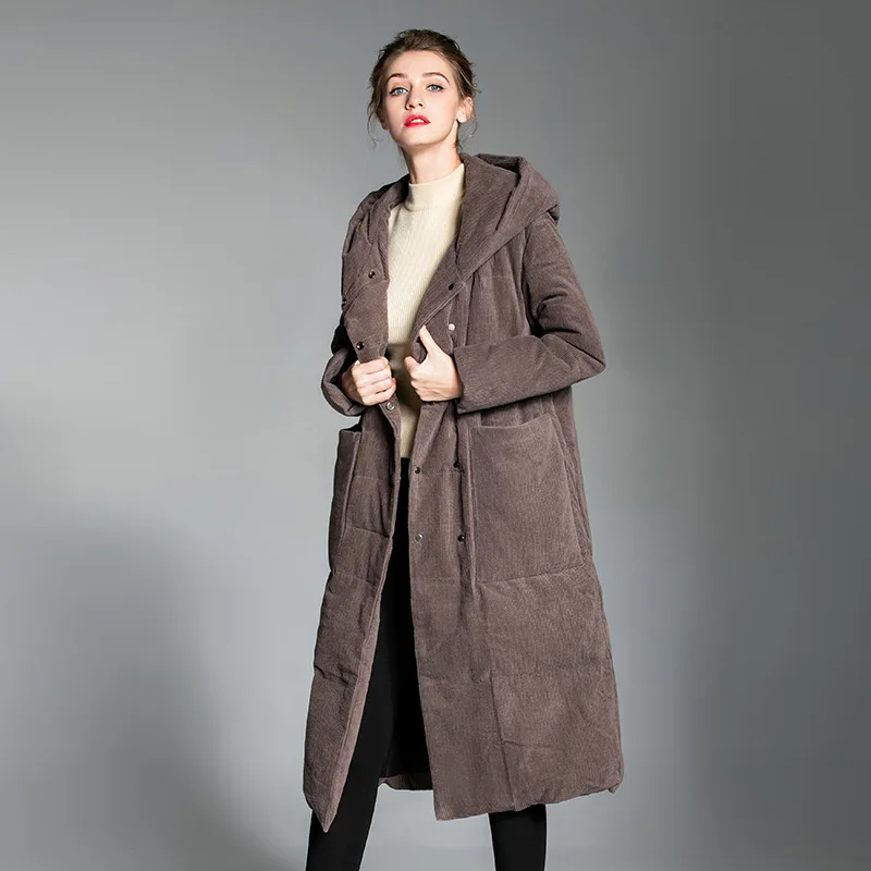 Winter New Down Jacket Corduroy Long White Duck Down Ms Jackets Thick Warm Overcoat Korean Brand Coat female Hooded Big Pocket (12)