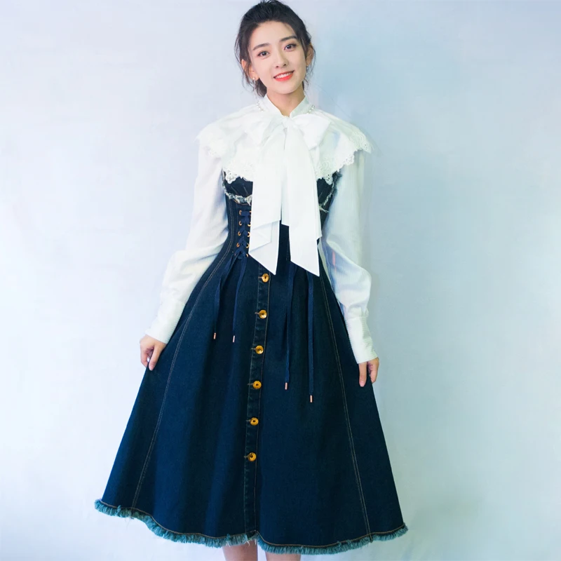 Gothic Women Denim Dress 2019 Fashion Single Breasted Lace Up Strapless Midi Jeans Dress Women Long Overall Denim Vest Dress
Gothic Women Denim Dress 2019 Fashion Single Breasted Lace Up Strapless Midi Jeans Dress Women Long Overall Denim Vest Dress