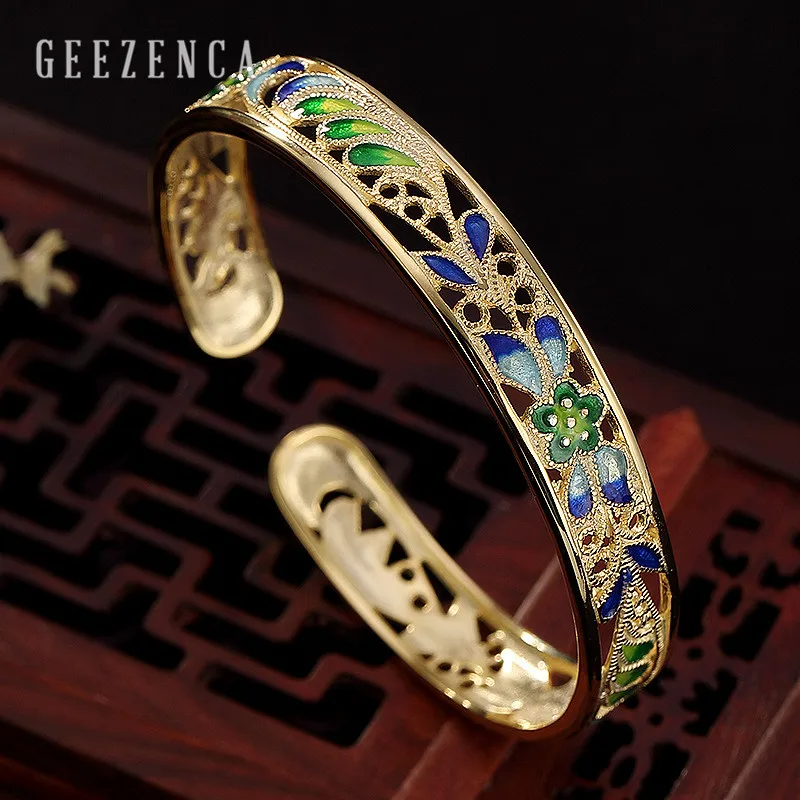 925 стерлингового серебра Cloisonne ручной работы полые цветок незамкнутные браслеты