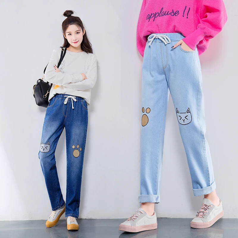 Sweet Cute Cat Embroidery Girls Jeans Harajuku Fashion Cotton Elastic Waist Women Denim Pants Cowboy Wide Leg Student Trousers
Sweet Cute Cat Embroidery Girls Jeans Harajuku Fashion Cotton Elastic Waist Women Denim Pants Cowboy Wide Leg Student Trousers