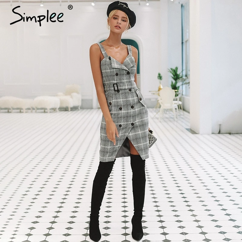 Короткое женское платье Simplee с высокой талией двубортное клетчатое ремешком для