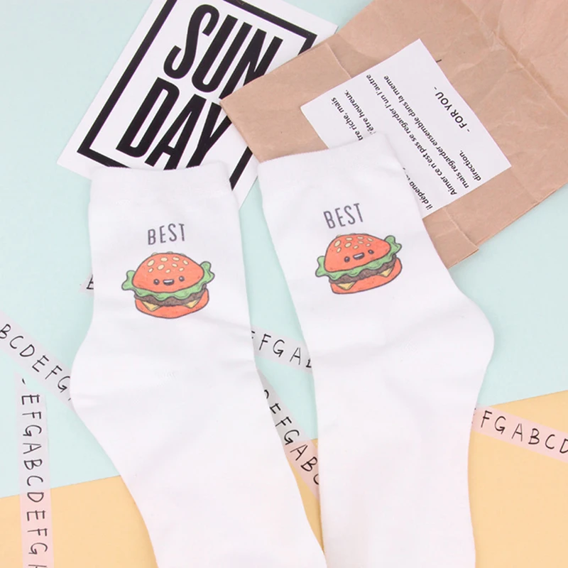 

New Hamburger Fast Food Yummy Cotton White Socks Women Short Socks Big Mac French Fries King Max Salads Fat Burger Socks