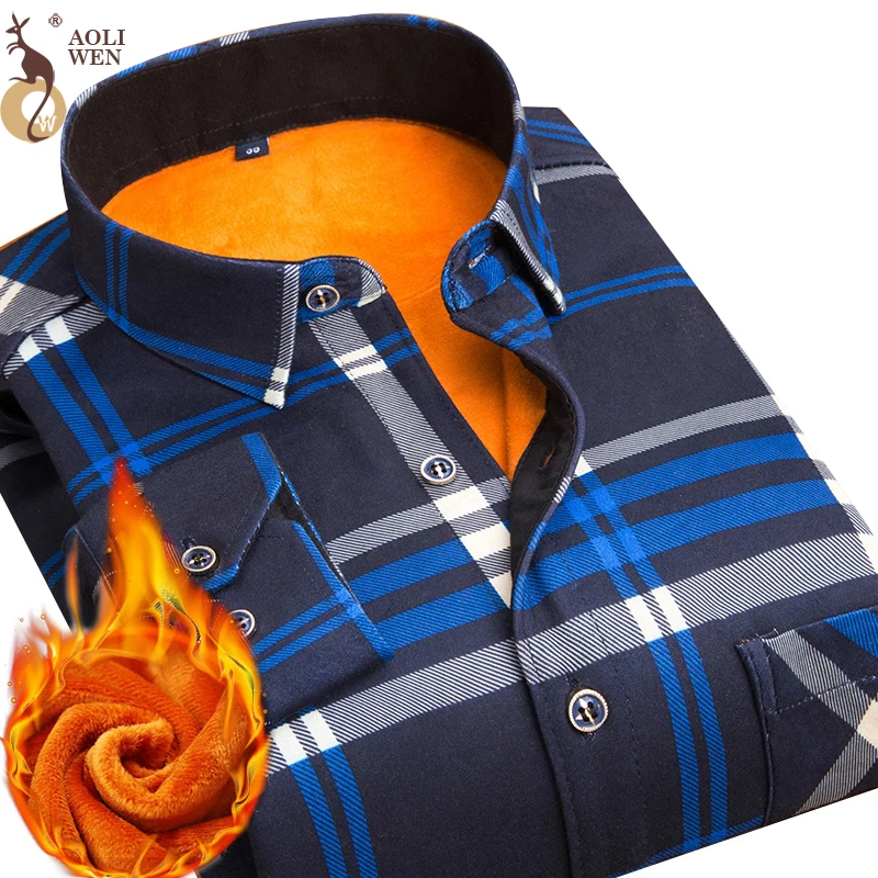Aoliwen 2020 Модные мужские тонкие рубашки осень и зима утепленная теплая Клетчатая
