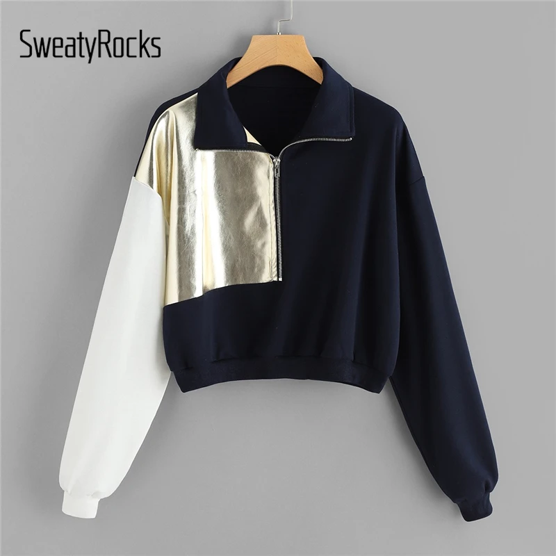 

SweatyRocks Quarter Zip Colorblock Sweatshirt Womens Streetwear Long Sleeve Stand Collar Crop Pullovers Tops Casual Sweatshirts