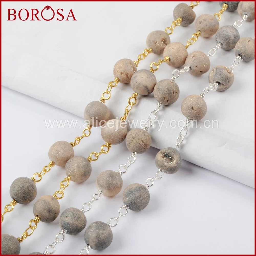 

BOROSA Gold Color Or Silver Color 8mm Round Agates Titanium Champagne Druzy Beaded Chains for Necklace DIY Drusy Jewelry JT158