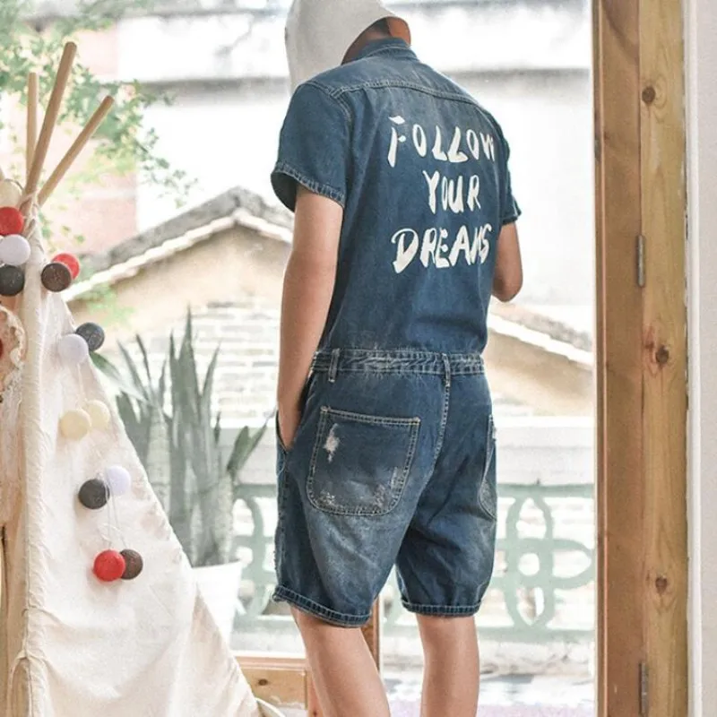Summer Short Sleeved One Piece Men Jeans Jumpsuits Single Breasted Denim Overalls Boys Knee Length Shorts Ripped Washed Trousers
Summer Short Sleeved One Piece Men Jeans Jumpsuits Single Breasted Denim Overalls Boys Knee Length Shorts Ripped Washed Trousers