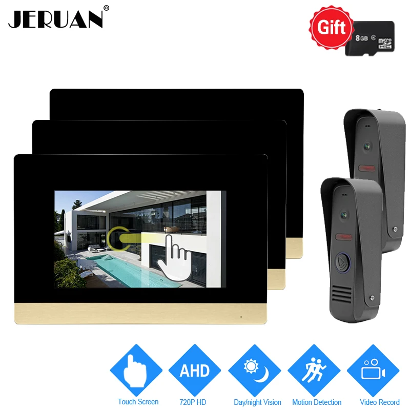 

JERUAN 720P AHD HD Motion Detection 7`` Touch Screen Color Video Intercom Doorbell System 3 Record Monitor +2 HD Mini Camera 2V3