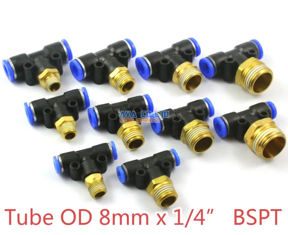 

10 Pieces Tube OD 8mm x 1/4" BSPT Male Tee Pneumatic Connector Push In To Connect Fitting One Touch Quick Release Air Fitting